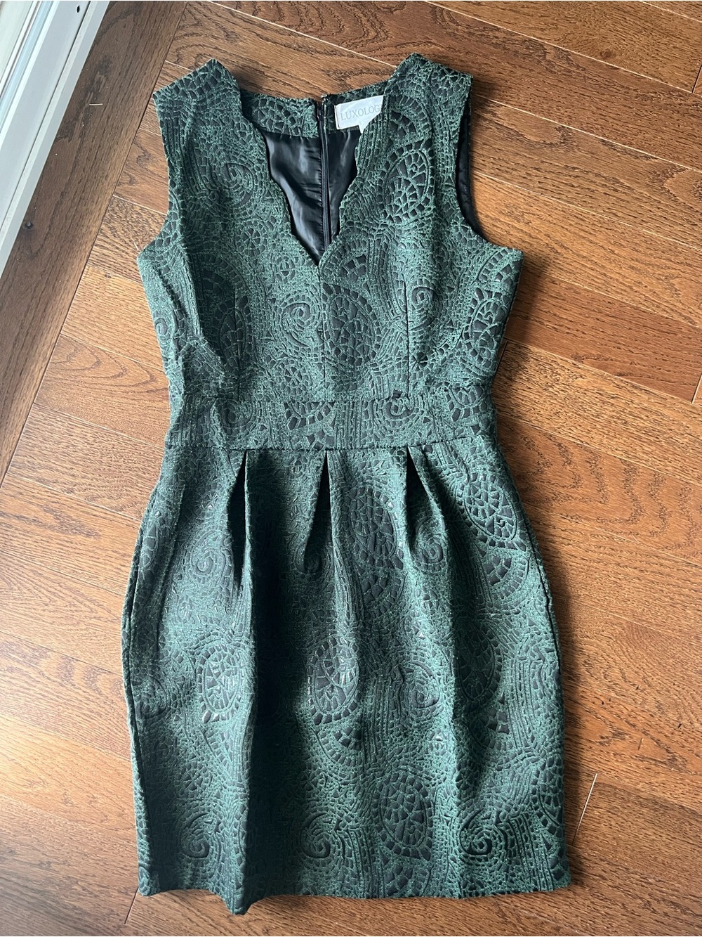 Luxology Dark Green Lace Brocade Pleated Mini Sheath Dress 6